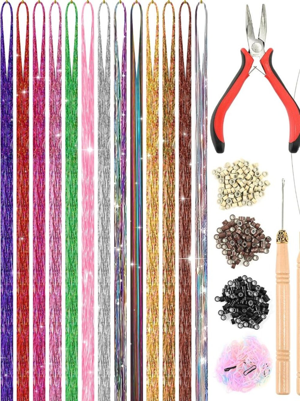 16 Color 36" Hair Tinsel Kit, 4800 Strands Heat Resistant with Tool